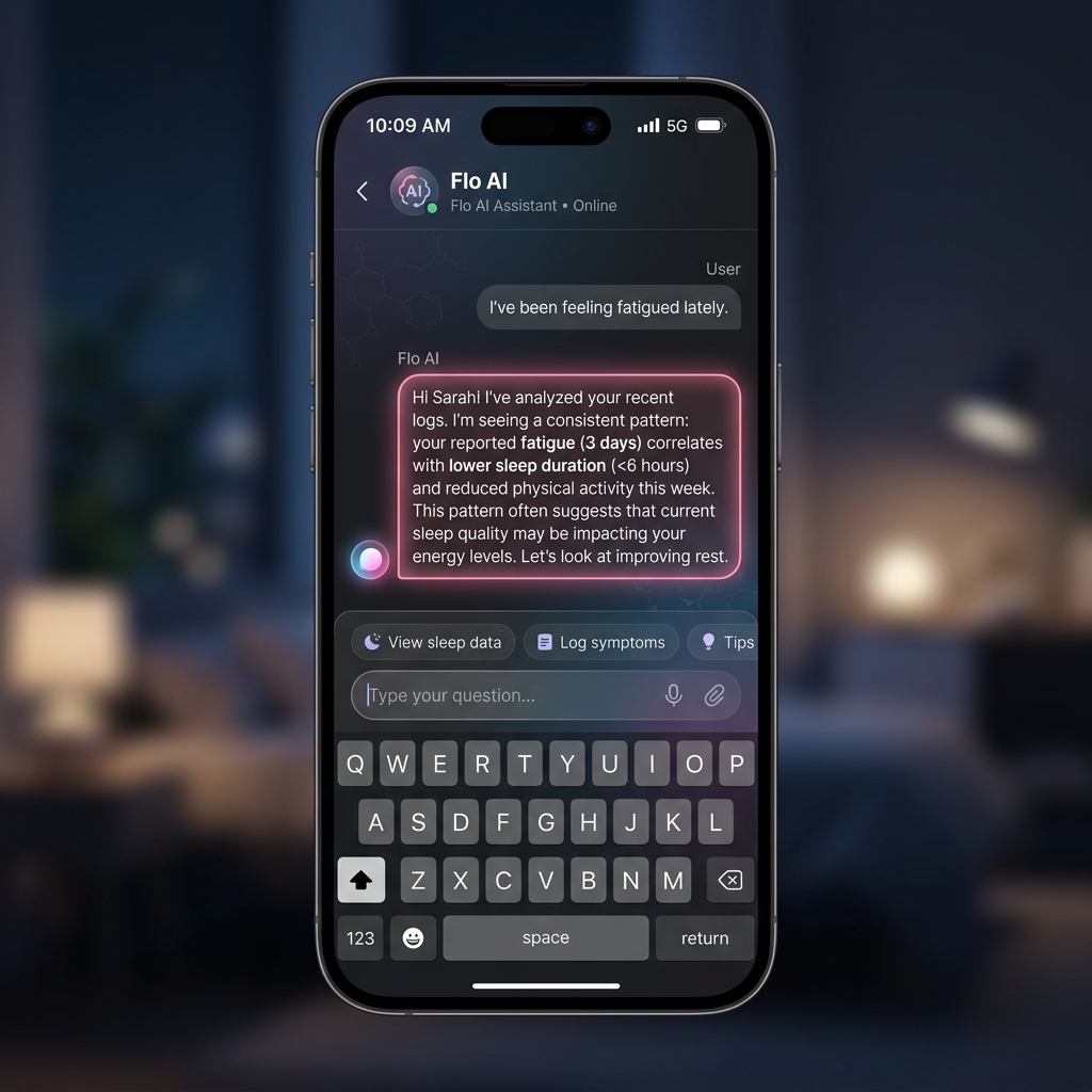 ผู้ช่วย AI ของ Flo และกราฟแสดงรูปแบบอาการ