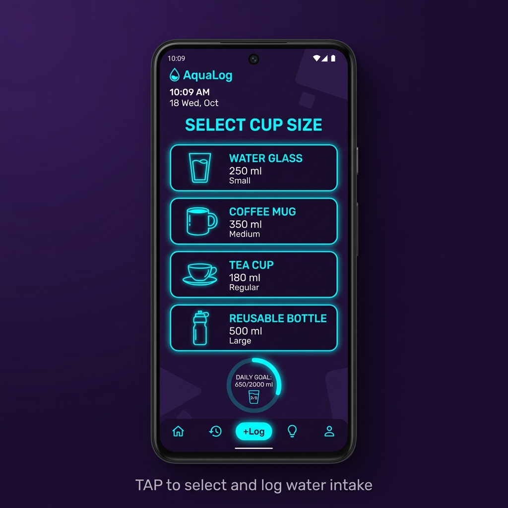 การเลือกขนาดแก้วน้ำและการบันทึกใน Water Drink Reminder
