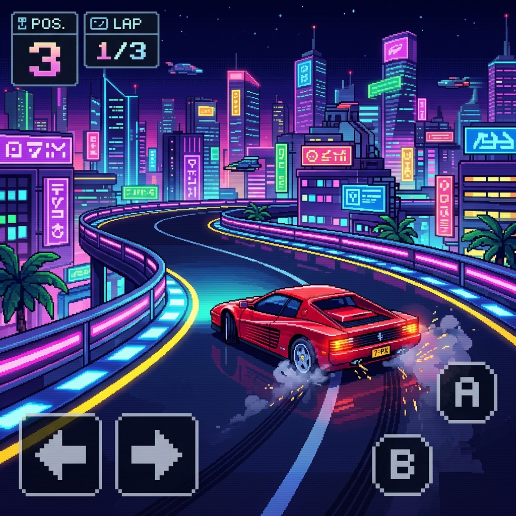 Horizon Chase เกมเพลย์แสดงรถสปอร์ตย้อนยุคสีแดงกำลังดริฟต์เข้าโค้งนีออนสว่างจ้า