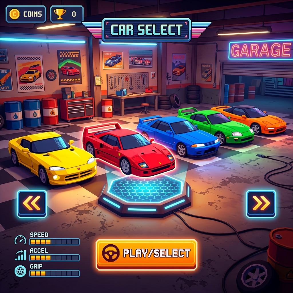 หน้าจอเลือกรถใน Horizon Chase แสดงรถสปอร์ตย้อนยุคที่ปลดล็อกได้จากการเล่น