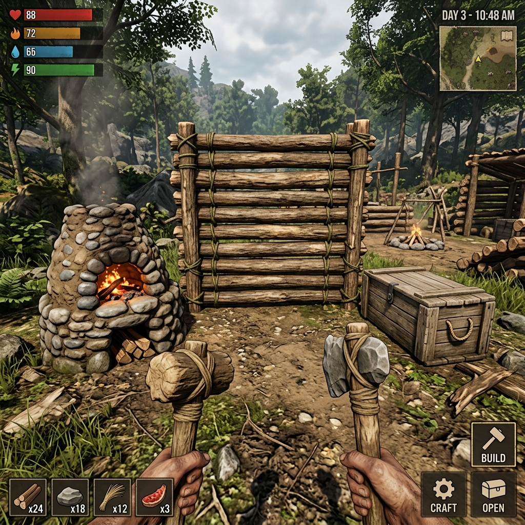 ระบบสร้างบ้านใน Radiation Island มีกล่องเก็บของและกำแพงไม้